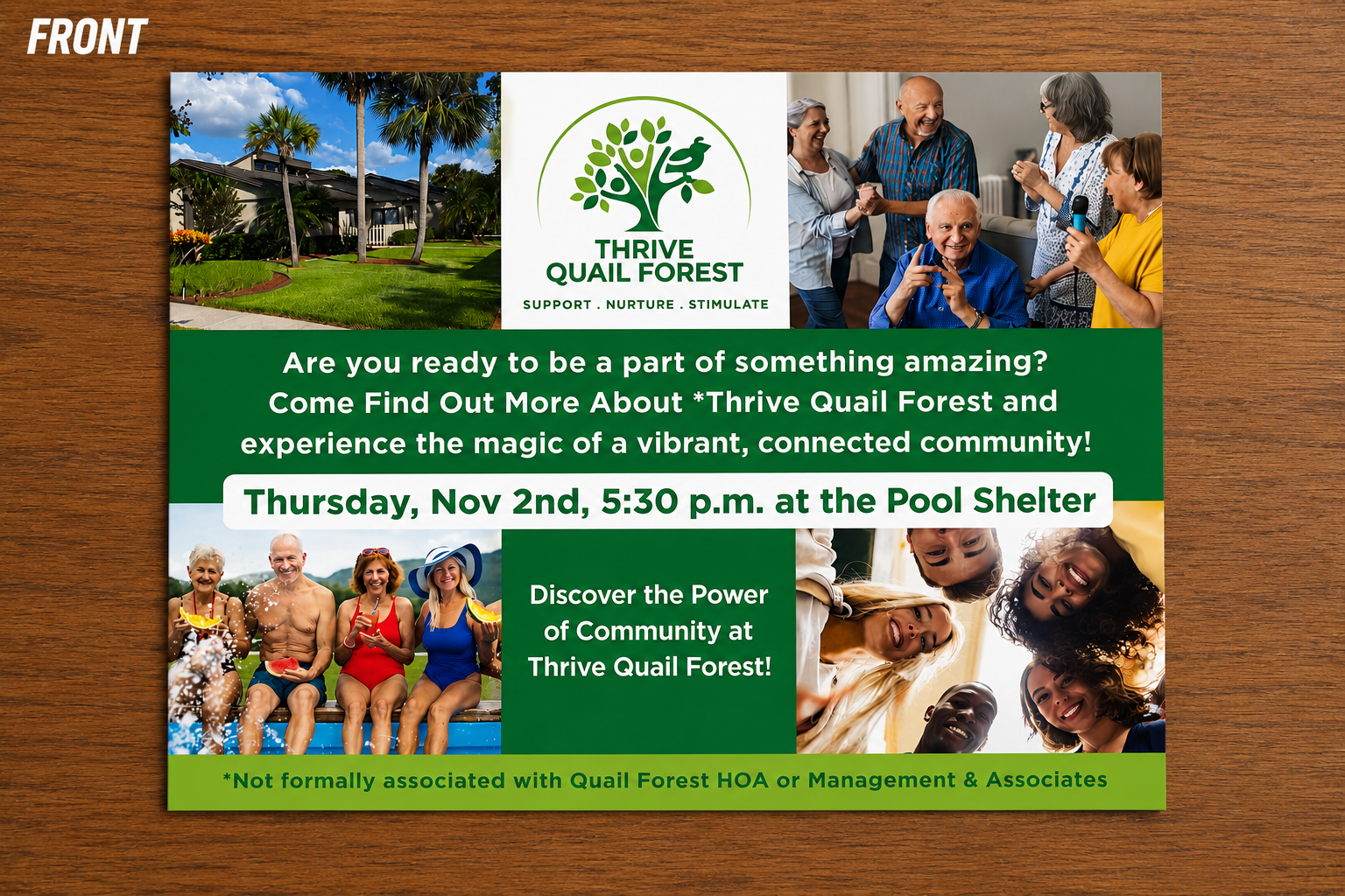 Thrive Quail Forest — event postcard, front